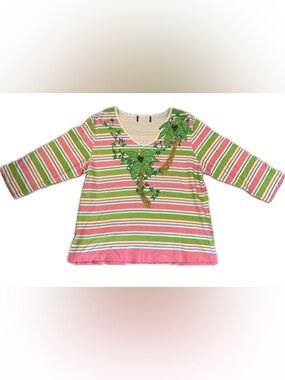 Striped V-Neck Tee with Palm Vine Detail - Pink & Green